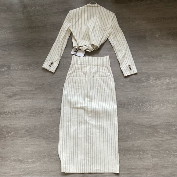Matching Set - Zara Cropped Striped Blazer with Linen Blend Midi Skirt - Picture 8 of 11